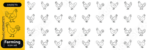 Farming line icon set. Vector pictograms of chicken, eggs incubator, henhouse, feeding equipment, free-range, rooster, agriculture, organic farm thin linear illustration