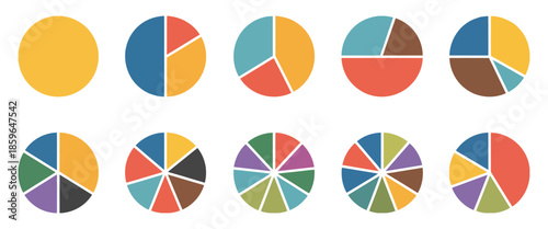Circle pie chart diagram vector illustration featuring multicolored infographic icons, divided into 1 to 10 equal parts, including loading bars and circular data visualization elements.