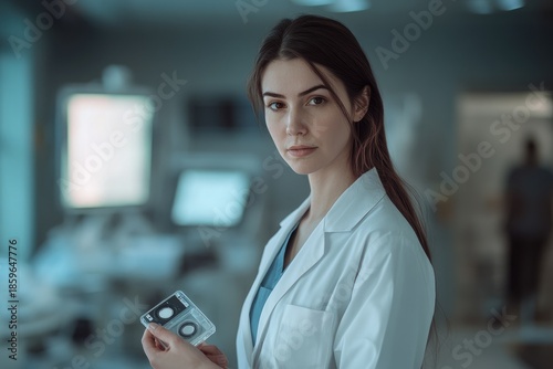 Female scientist holding cassette tape in modern medical laboratory setting
