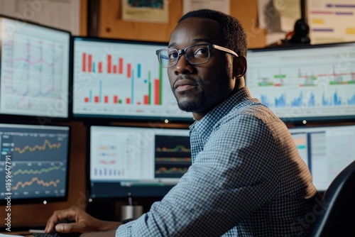 Focused young professional analyzing data on multiple screens in modern office