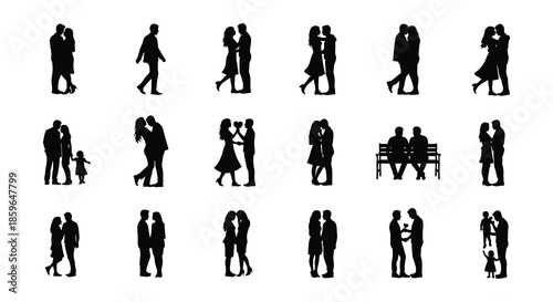 Silhouettes of couples embracing and romantic scenes in a minimalist style