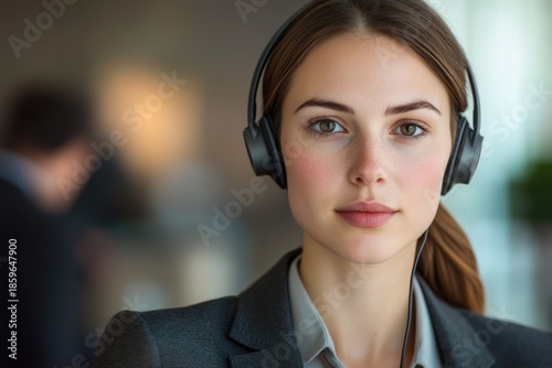 Young professional woman wearing headset in modern office setting