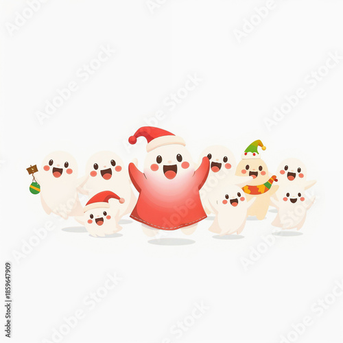 A group of cute, cartoonish ghosts wearing festive hats and accessories
