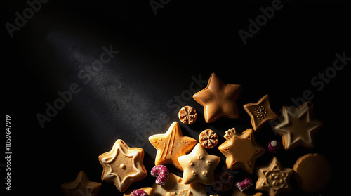 A collection of star-shaped cookies arranged on a dark surface