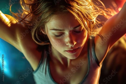 Young woman with closed eyes and arms raised in relaxation