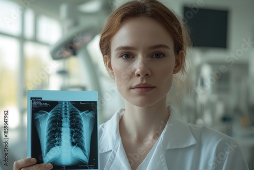 Female doctor holding chest x-ray in modern hospital