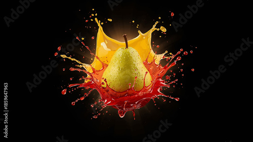 A green pear splashes into vibrant red and yellow liquid against a black background