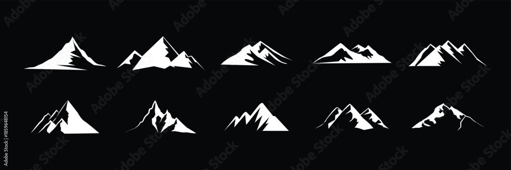 Fototapeta premium Mountain Silhouette Icon Set Black Peak Landscape Nature Vector Collection Isolated on White Background. eps10