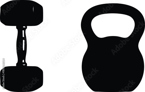 Fitness equipment silhouette set. Includes kettlebell and dumbbell shapes. Exercise and strength training concept.
