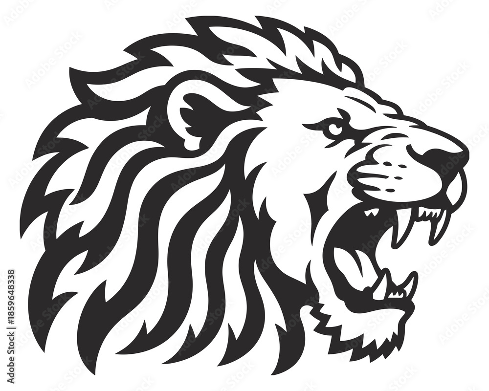 Fototapeta premium Black and white roaring lion head with stylized mane mouth open teeth