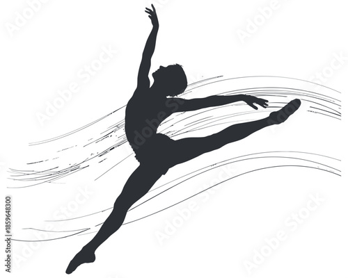 Silhouette of a ballet dancer mid leap with flowing abstract lines jump