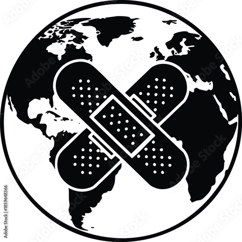 Global health symbol. Bandage over globe representing healthcare and wellness. Universal access to medical support concept.