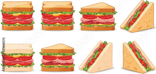 Fresh Sandwich Variations Collection with Bread Ham Cheese Lettuce and Tomato, Colorful Flat Vector Illustration Set for Food Design, Cafes, Menus, and Packaging