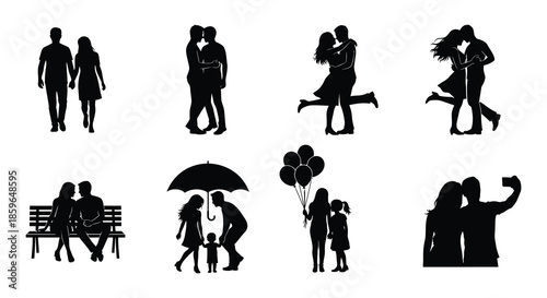 Collection of romantic couple silhouettes depicting love affection and togetherness
