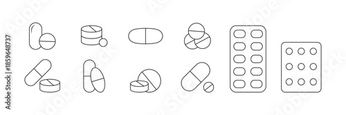 Minimal Medicine Pills Line Icons Set, Pharmaceutical Capsules and Tablets Outline Collection, Healthcare Drug Symbols for Medical Design and Pharmacy Use