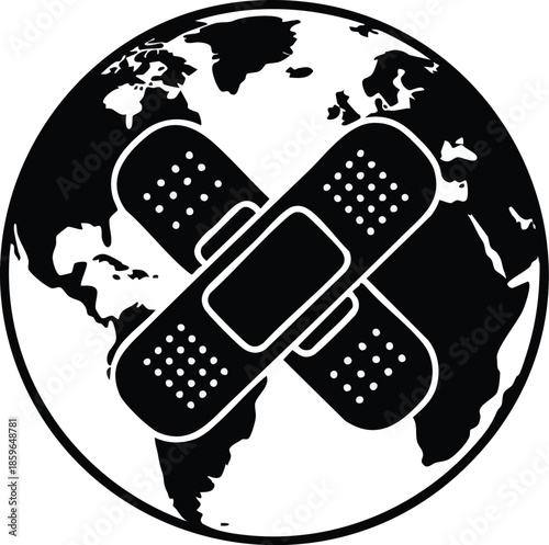 Healthcare and wellness illustration. Bandages over the globe. Global health and injury care concept.