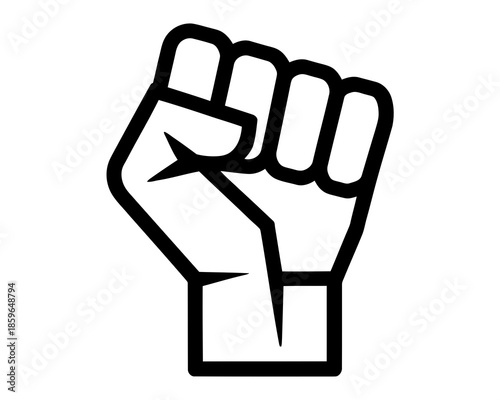 Black outline of a clenched fist raised upwards on a white background raised fist protest