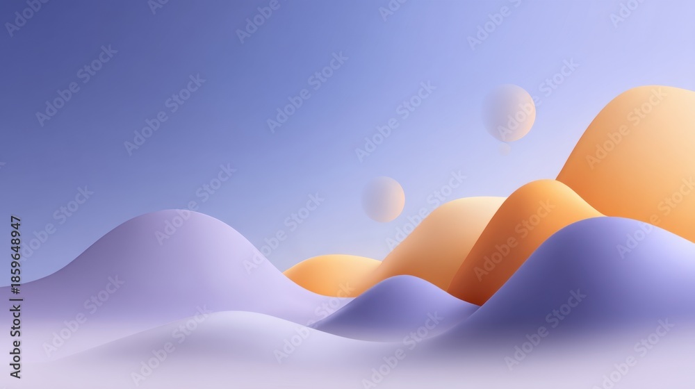 Fototapeta premium Soft Gradient Landscape with Waves and Floating Bubbles in Pastel Shades of Orange, Purple, and Blue Under a Clear Sky