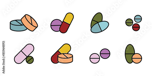 Set of Medicine and Pill Line Icons – Minimal Outline Tablets, Capsules, and Blister Pack Symbols for Healthcare, Pharmacy, and Medical Design.eps10
