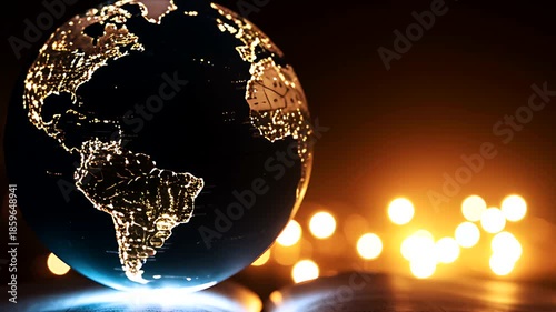 Glowing globe on open book with bokeh lights nighttime scene