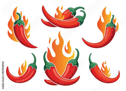 Chili pepper on fire vector illustration showing close-up cayenne pepper, burning flames, and spicy food concept for cooking, capsicum salsa, and culinary ingredient design.