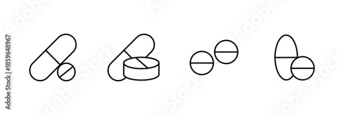 set for medical use . Capsule, Tablet, Drug Dosage Symbols. Pharmacy, Healthcare Treatment, Medical capsule pill line icon . eps10