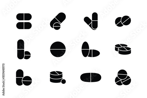 set for medical use . Capsule, Tablet, Drug Dosage Symbols. Pharmacy, Healthcare Treatment, Medical capsule pill line icon . eps10