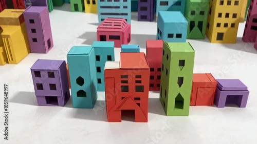 Colorful pop-up paper city skyline rising with moving cars stop motion.