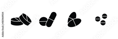Four Medical Pill and Capsule Icons Pack  Pharmacy Medication Tablet Outline Symbol Set for Healthcare and Pharmaceutical Design on white background.eps10