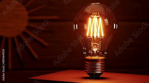 Glowing light bulb on a wooden table indoors