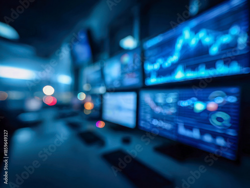 Wallpaper Mural Blurred digital data and analytics visualizations displayed on multiple screens in a dimly lit control room or modern technology workspace environment Torontodigital.ca