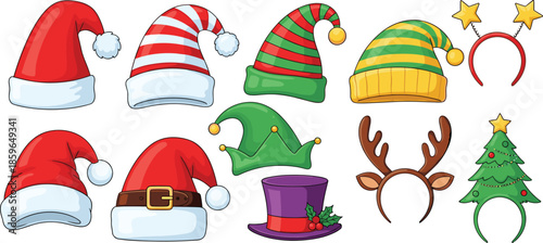 Flat Vector Illustration Set of Christmas Hats and Holiday Headbands Featuring Santa Claus Elf Reindeer Antlers and Christmas Tree Costume Accessories