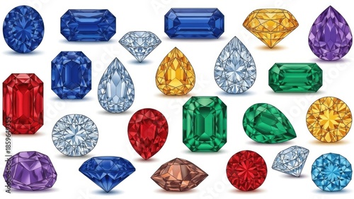 Assortment of Colorful Gemstones on White Background, Illustrating Wealth and Luxury, Jewel