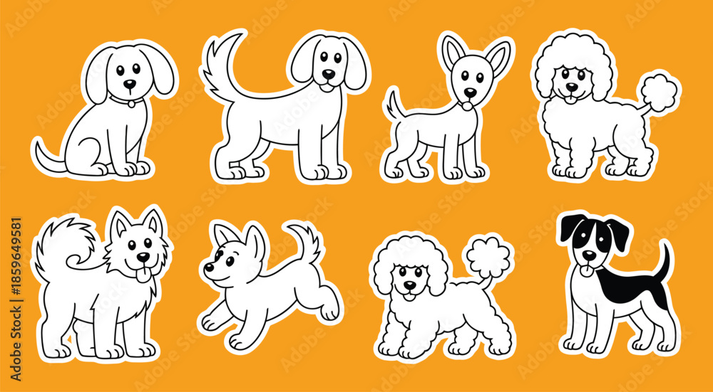 Obraz premium Cartoon doodle dogs design with hand-drawn pet mascots, vector graphic elements for branding, advertising campaigns, poster layouts, and creative logo templates.