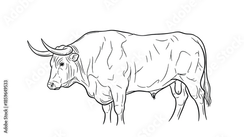 Bull Side View Illustration of Strong Cattle With Horns for Farm, Agriculture, and Educational Use