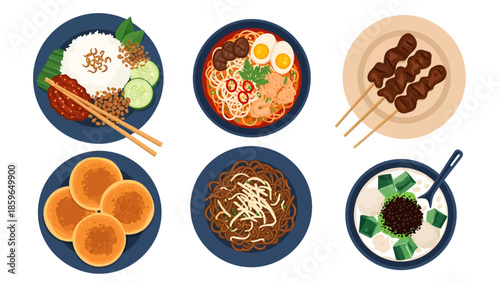 Top view vector set of popular Indonesian food illustrations including nasi lemak, satay, mie goreng, and sweet cendol dessert, designed in a flat style for Asian restaurant menus and culinary apps