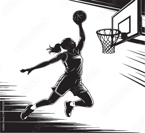 Female basketball player in motion jumping to score a goal with one hand, athletic woman dunking ball into hoop, dynamic black and white sports illustration with motion