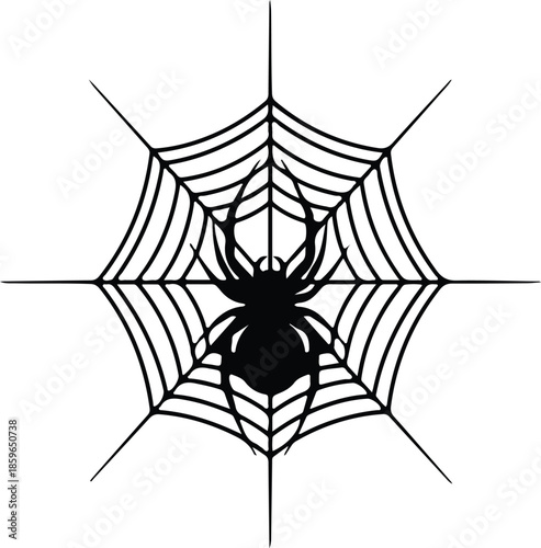 Silhouette Black Spider On Cobweb Halloween Decoration Creepy Insect Vector Illustration