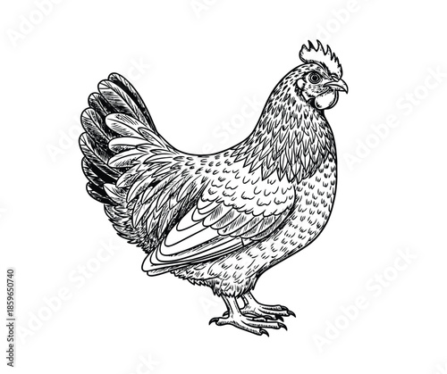 Detailed Line Art Of A Hen Standing On Ground For Farm, Poultry And Nature Projects