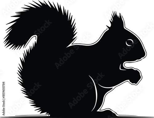 Silhouette Cute Squirrel Eating Nut Side View Isolated Vector Illustration