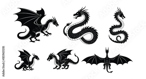 Collection of ornate black dragon silhouettes in various dynamic poses
