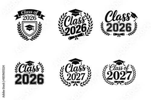 Set of graduation class of 2026 and 2027 badges with laurel wreaths and graduation caps