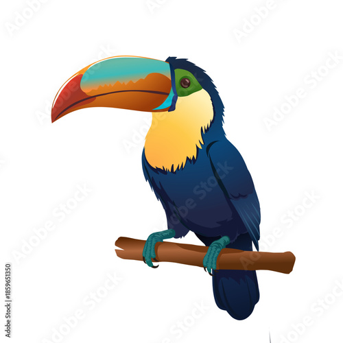 Vibrant vector illustration of a tropical toucan bird with a colorful beak perched on a wooden branch. A high-quality graphic resource isolated on a white background, perfect for exotic nature themes