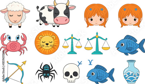 Cute zodiac and cartoon icon vector set featuring animals, horoscope symbols, astrology signs, kids characters, and colorful flat illustrations for design use