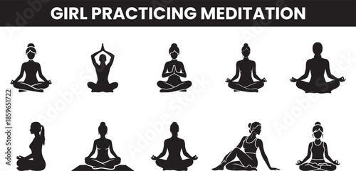 A series of silhouettes depicting a young girl in various meditative and yoga postures promoting mindfulness