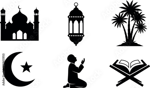 Black silhouette icons of mosque, lantern, palm trees, crescent moon, praying man, and open book