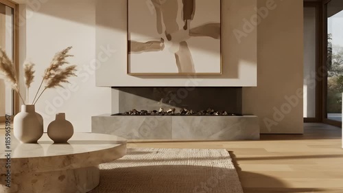 A serene modern living room with a fireplace, abstract art, and natural elements in warm lighting