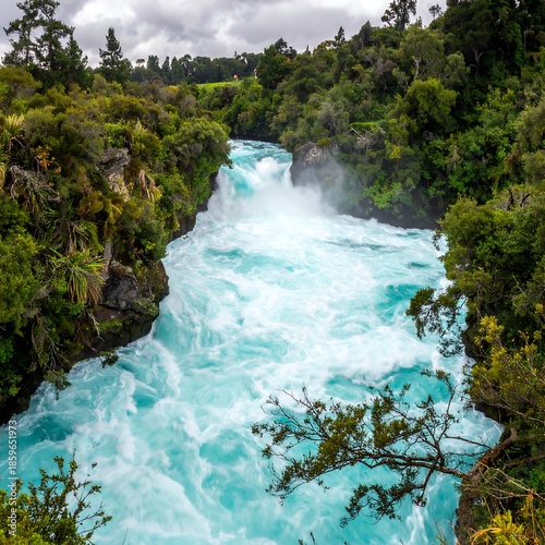 Turquoise waterfall cascading through lush green valley