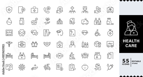 Pixel Perfect, Healthcare line icon set. Medicine, medical service, health, care, doctor, hospital, patient, treatment, sick, medical equipment, doctor, lab, virus, Outline icon in linear style.