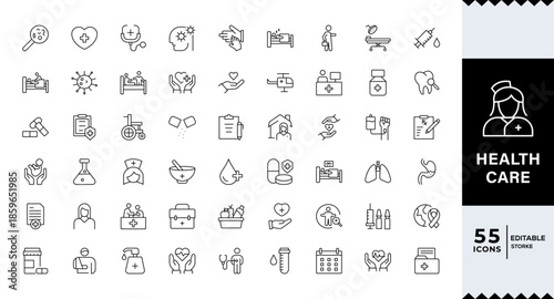 Pixel Perfect, Healthcare line icon set. Medicine, medical service, health, care, doctor, hospital, patient, treatment, sick, medical equipment, doctor, lab, virus, Outline icon in linear style.